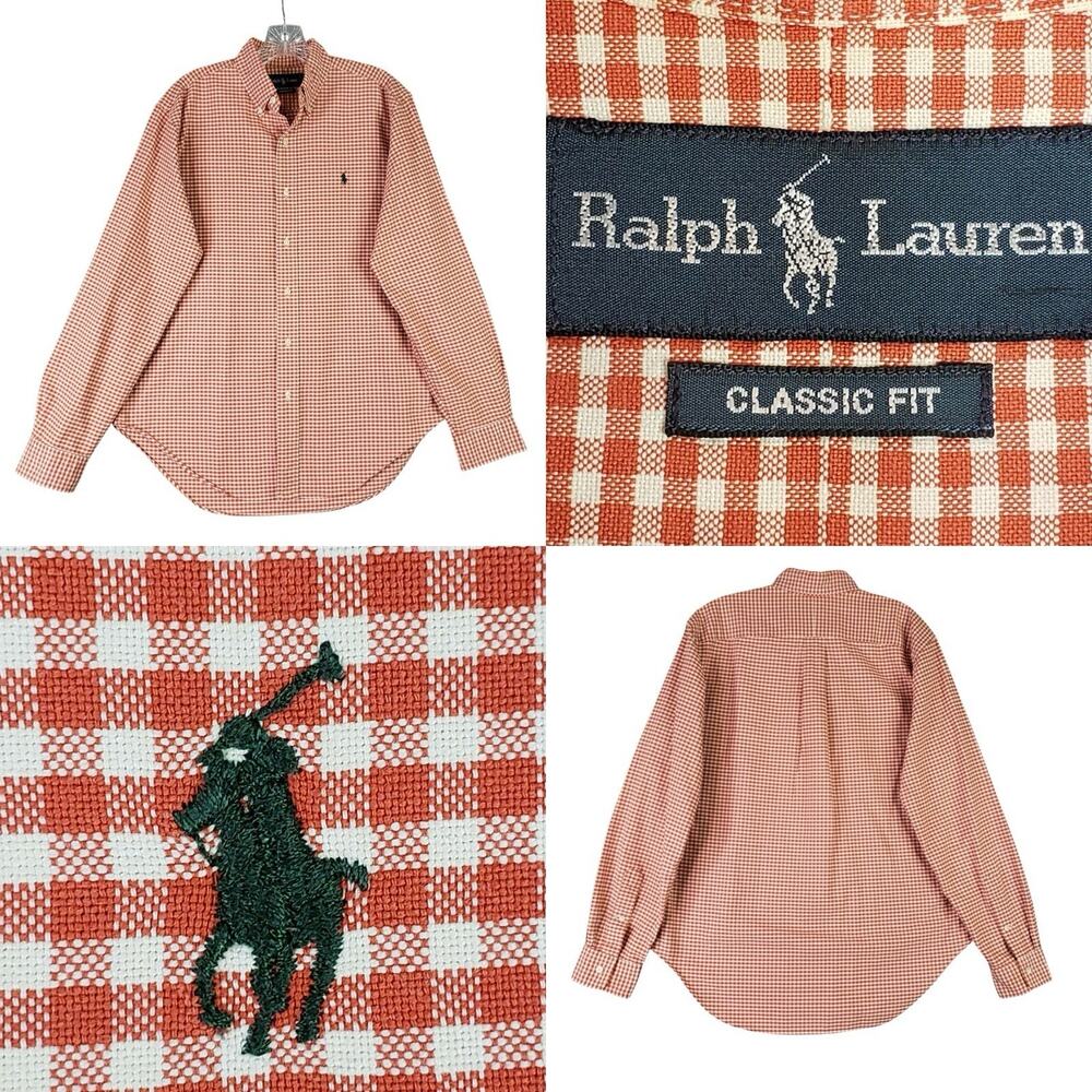Polo Ralph Lauren Oxford Shirt Mens Size Medium Plaid Orange LS Button Down